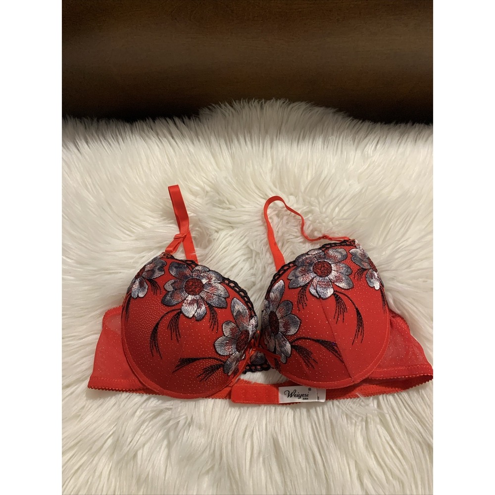 Weiyesi Parish Plunge Push Up Bra 38C Red Hot Floral Cup Trim NWOT